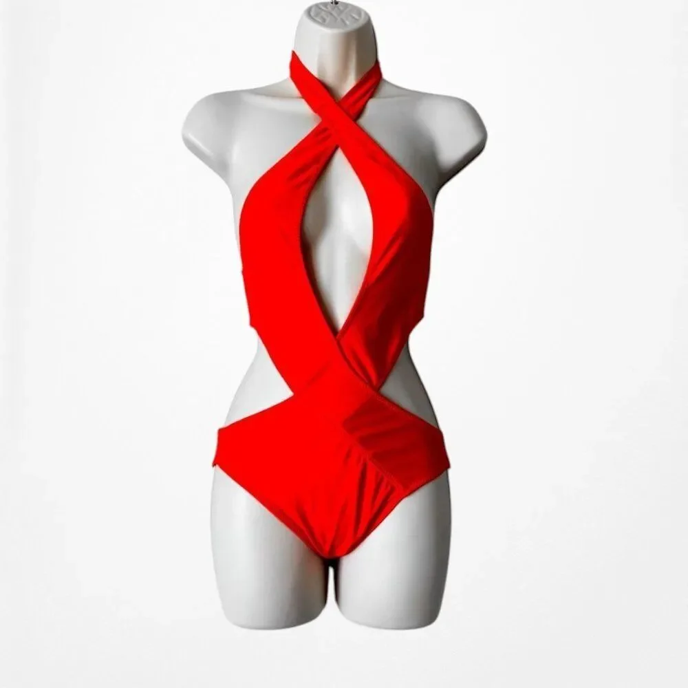 Pretty Little Thing Red Halter Neck Keyhole Cutout One Piece Swimsuit Size S
